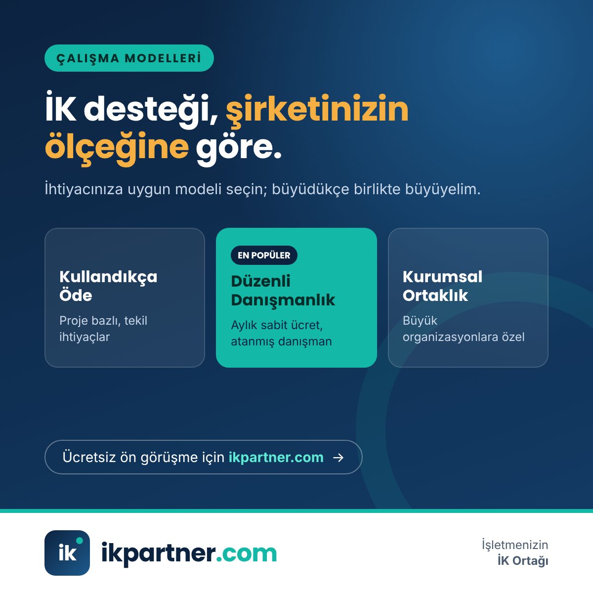 Kullandıkça Öde, Düzenli Danışmanlık ve Kurumsal Ortaklık modellerini gösteren İK Partner kapak görseli