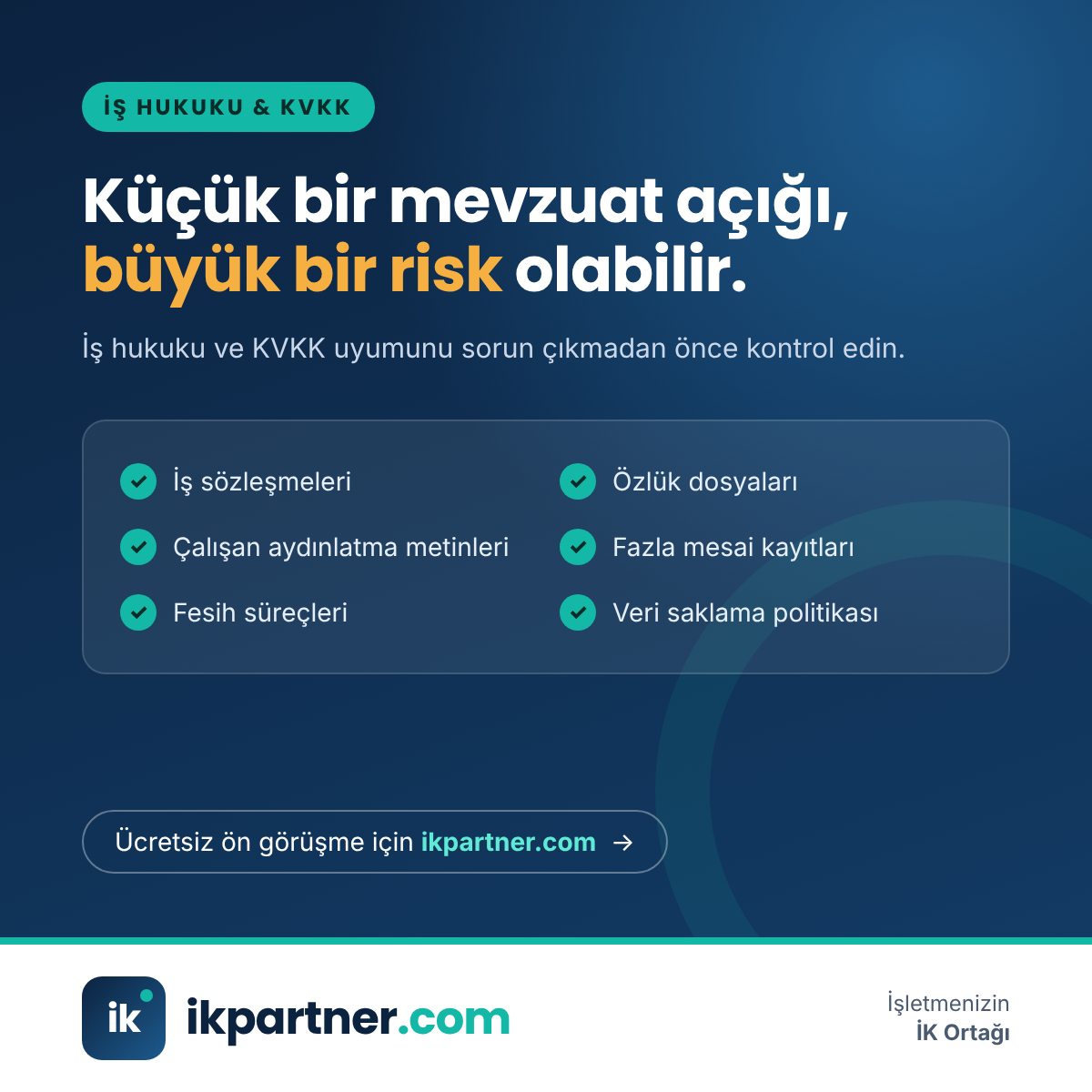 İş hukuku ve KVKK uyumu için altı maddelik kontrol listesini gösteren kapak görseli